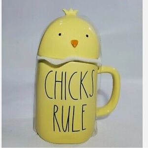 Rae Dunn "CHICKS RULE" Yellow Mug With Chick Topper Easter Spring Brand New